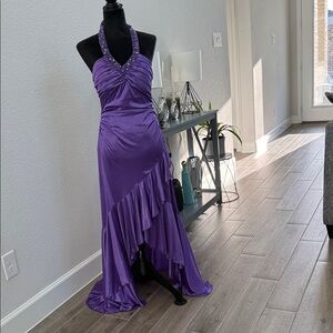 City Triangles Beaded Halter High-Low Dress in Purple